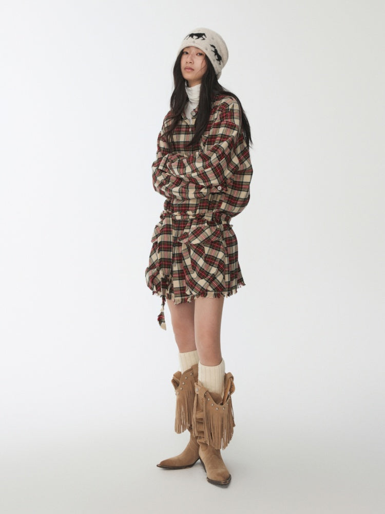 Vintage Cargo Pocket Red Check Raw Edge Dress Versatile Long Sleeve Shirt Dress【s0000014605】