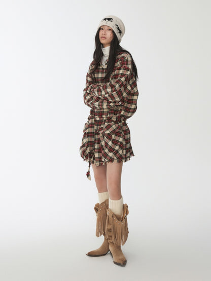 Vintage Cargo Pocket Red Check Raw Edge Dress Versatile Long Sleeve Shirt Dress【s0000014605】