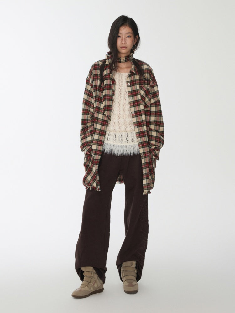 Vintage Cargo Pocket Red Check Raw Edge Dress Versatile Long Sleeve Shirt Dress【s0000014605】