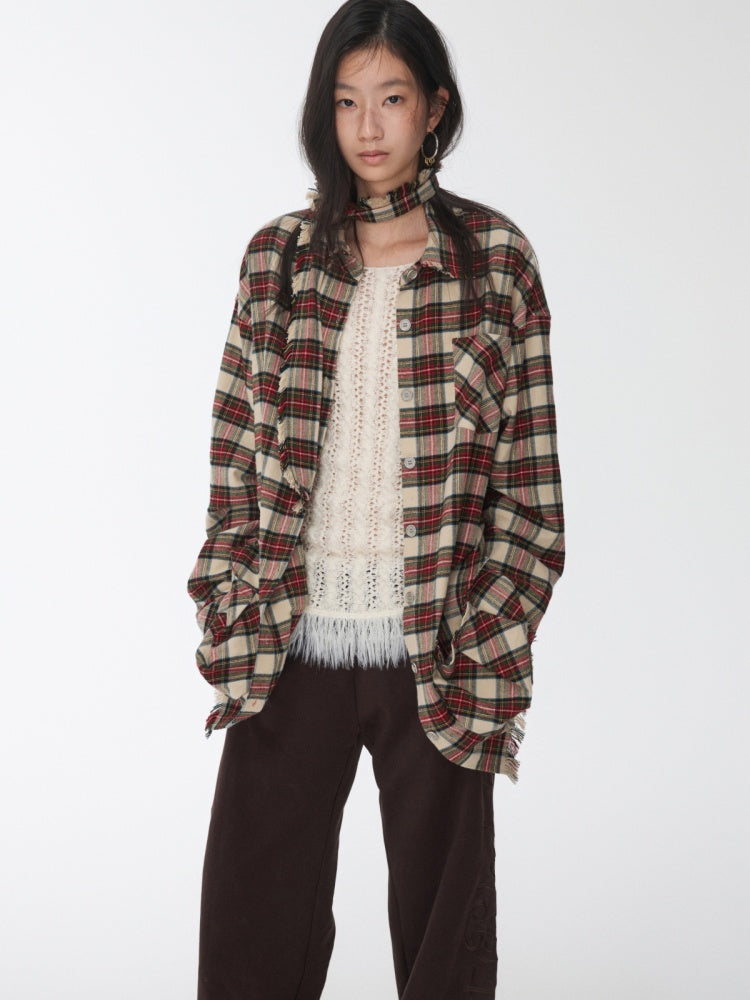 Vintage Cargo Pocket Red Check Raw Edge Dress Versatile Long Sleeve Shirt Dress【s0000014605】