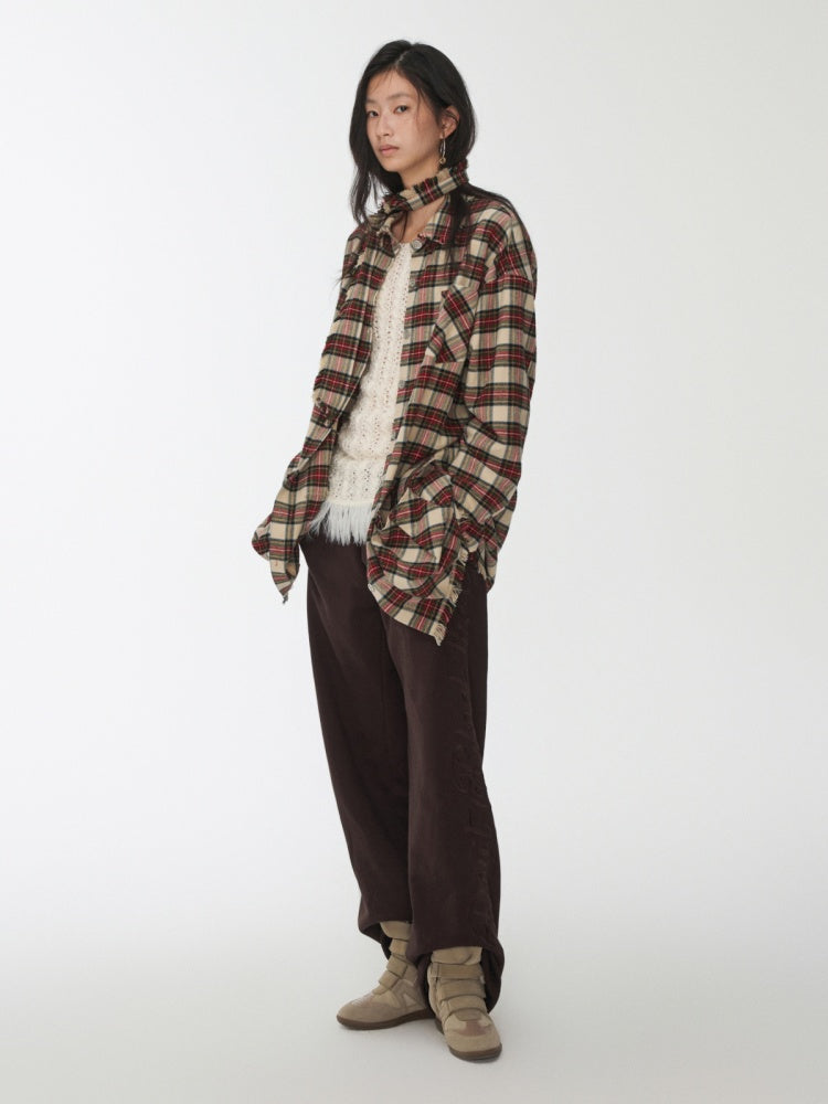 Vintage Cargo Pocket Red Check Raw Edge Dress Versatile Long Sleeve Shirt Dress【s0000014605】