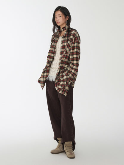 Vintage Cargo Pocket Red Check Raw Edge Dress Versatile Long Sleeve Shirt Dress【s0000014605】