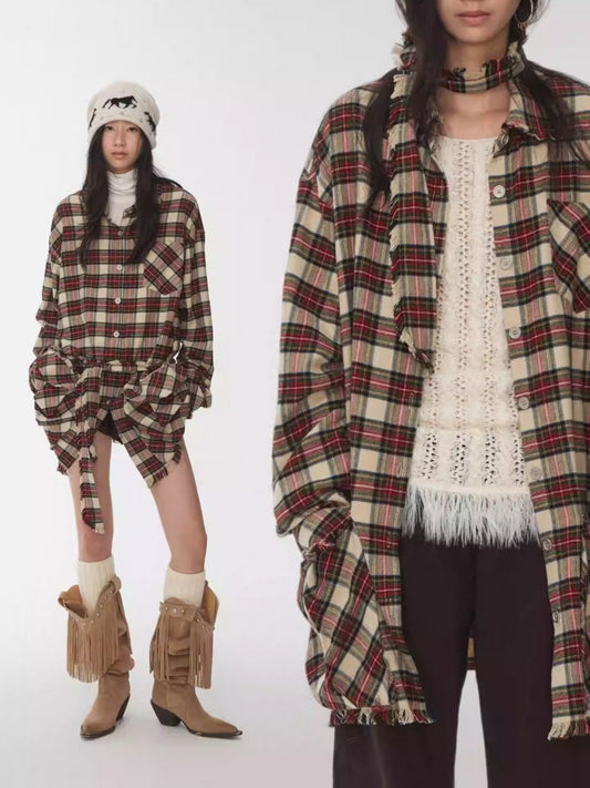 Vintage Cargo Pocket Red Check Raw Edge Dress Versatile Long Sleeve Shirt Dress【s0000014605】