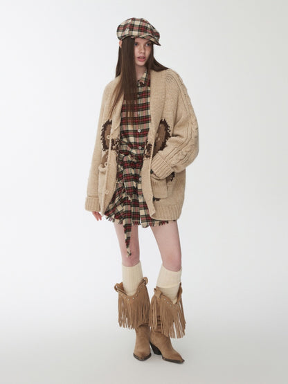 Vintage Cargo Pocket Red Check Raw Edge Dress Versatile Long Sleeve Shirt Dress【s0000014605】