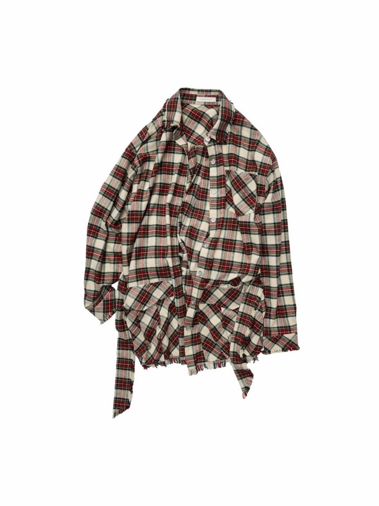 Vintage Cargo Pocket Red Check Raw Edge Dress Versatile Long Sleeve Shirt Dress【s0000014605】