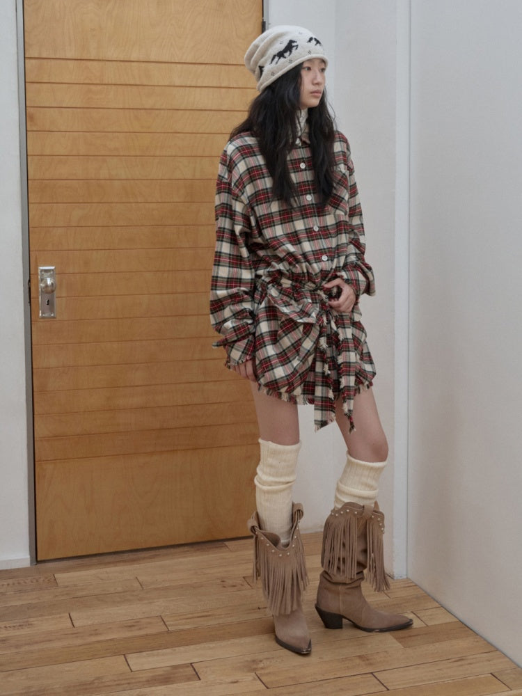 Vintage Cargo Pocket Red Check Raw Edge Dress Versatile Long Sleeve Shirt Dress【s0000014605】