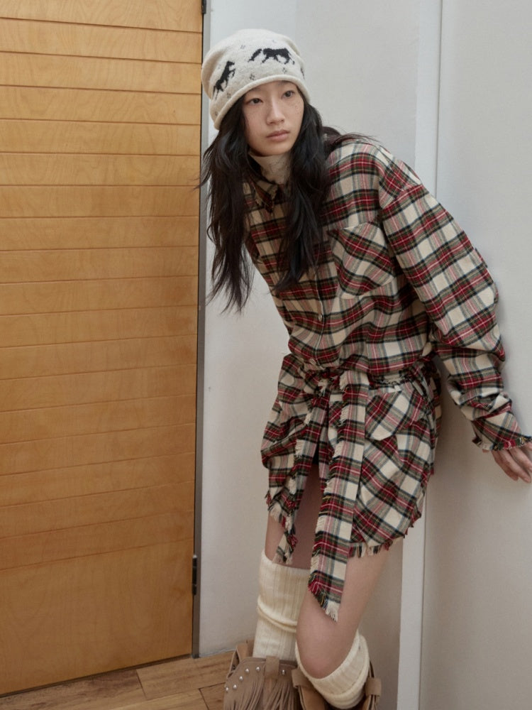 Vintage Cargo Pocket Red Check Raw Edge Dress Versatile Long Sleeve Shirt Dress【s0000014605】