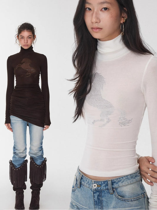 Solid Color Small Turtle Neck Basic Hot Diamond Bottom Short Top Slim Long Dress【s0000014606】