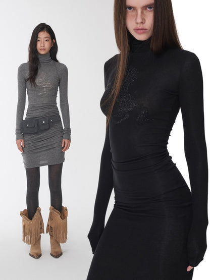 Solid Color Small Turtle Neck Basic Hot Diamond Bottom Short Top Slim Long Dress【s0000014606】