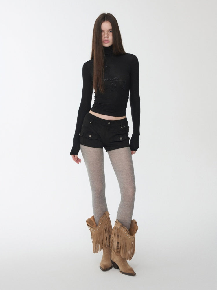 Solid Color Small Turtle Neck Basic Hot Diamond Bottom Short Top Slim Long Dress【s0000014606】