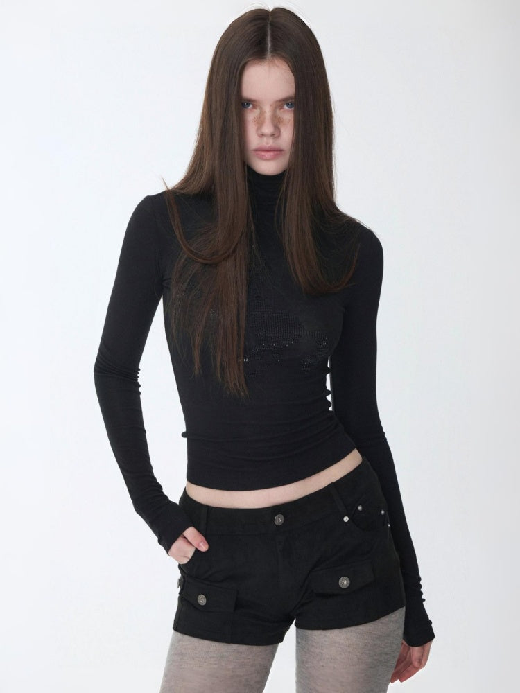 Solid Color Small Turtle Neck Basic Hot Diamond Bottom Short Top Slim Long Dress【s0000014606】