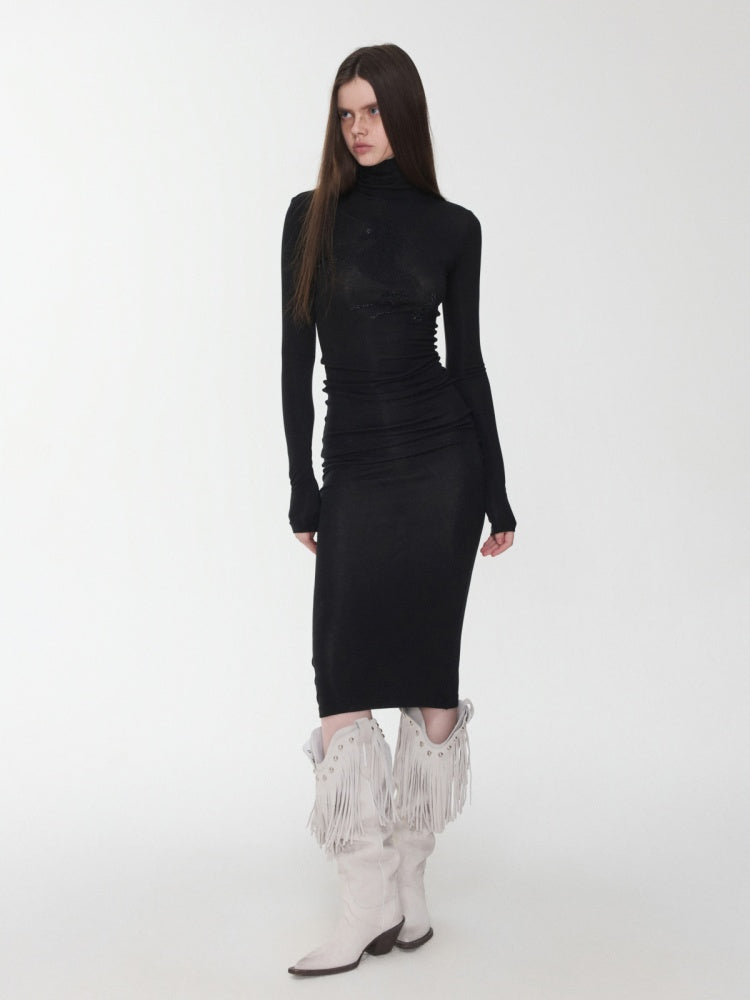 Solid Color Small Turtle Neck Basic Hot Diamond Bottom Short Top Slim Long Dress【s0000014606】