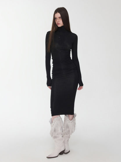 Solid Color Small Turtle Neck Basic Hot Diamond Bottom Short Top Slim Long Dress【s0000014606】