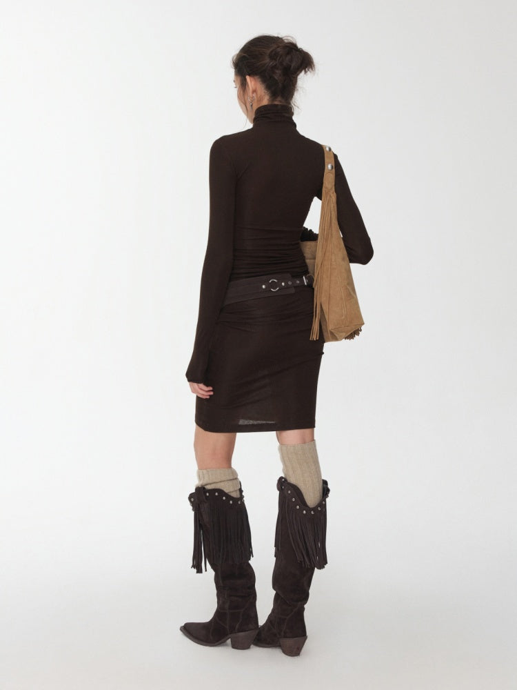 Solid Color Small Turtle Neck Basic Hot Diamond Bottom Short Top Slim Long Dress【s0000014606】