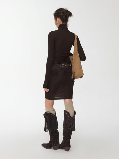 Solid Color Small Turtle Neck Basic Hot Diamond Bottom Short Top Slim Long Dress【s0000014606】