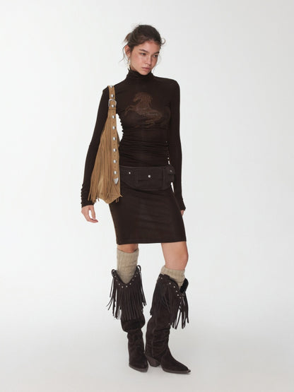 Solid Color Small Turtle Neck Basic Hot Diamond Bottom Short Top Slim Long Dress【s0000014606】