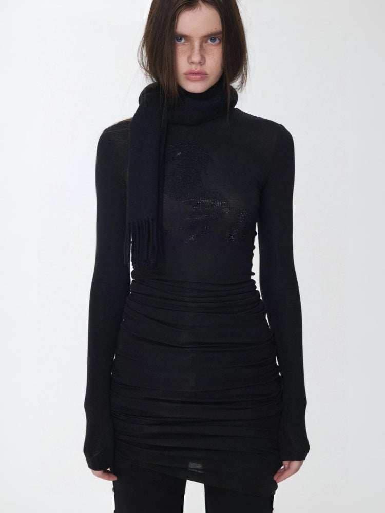 Solid Color Small Turtle Neck Basic Hot Diamond Bottom Short Top Slim Long Dress【s0000014606】