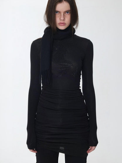 Solid Color Small Turtle Neck Basic Hot Diamond Bottom Short Top Slim Long Dress【s0000014606】