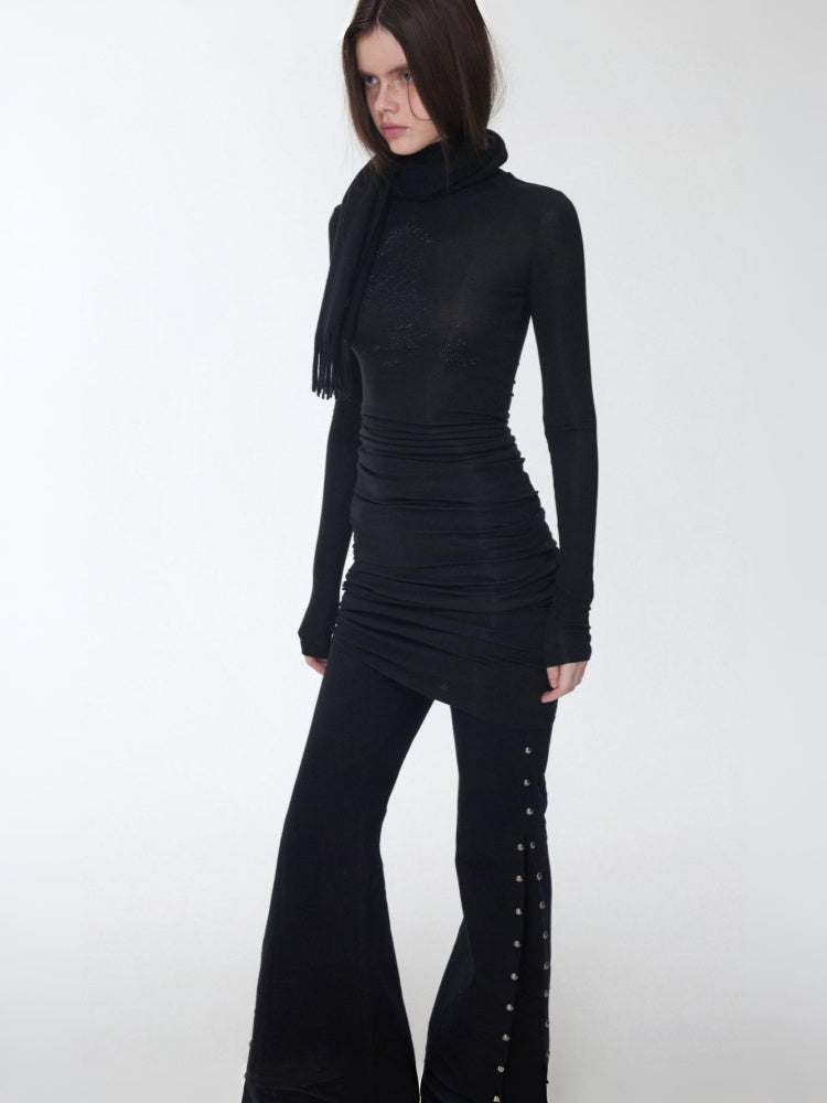 Solid Color Small Turtle Neck Basic Hot Diamond Bottom Short Top Slim Long Dress【s0000014606】