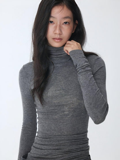 Solid Color Small Turtle Neck Basic Hot Diamond Bottom Short Top Slim Long Dress【s0000014606】