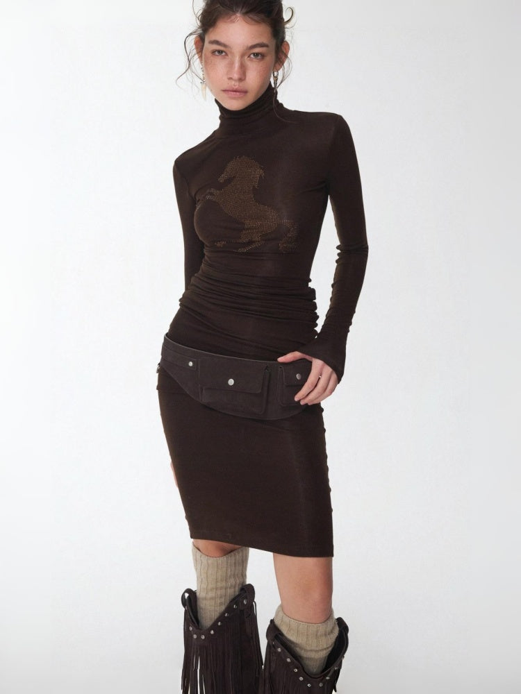 Solid Color Small Turtle Neck Basic Hot Diamond Bottom Short Top Slim Long Dress【s0000014606】