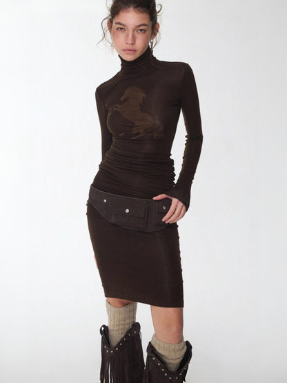 Solid Color Small Turtle Neck Basic Hot Diamond Bottom Short Top Slim Long Dress【s0000014606】