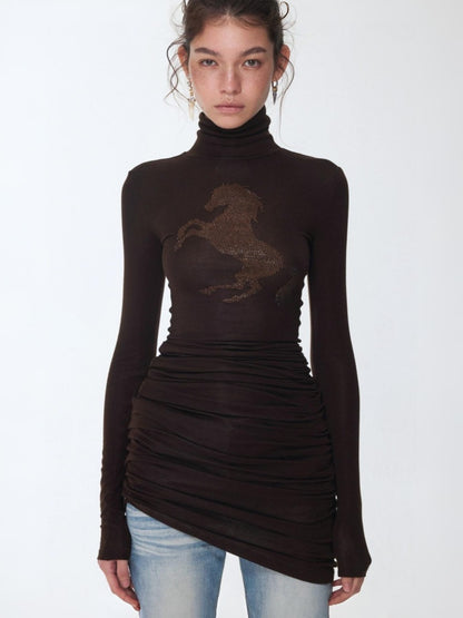 Solid Color Small Turtle Neck Basic Hot Diamond Bottom Short Top Slim Long Dress【s0000014606】