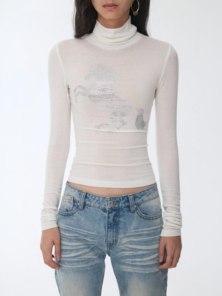 Solid Color Small Turtle Neck Basic Hot Diamond Bottom Short Top Slim Long Dress【s0000014606】