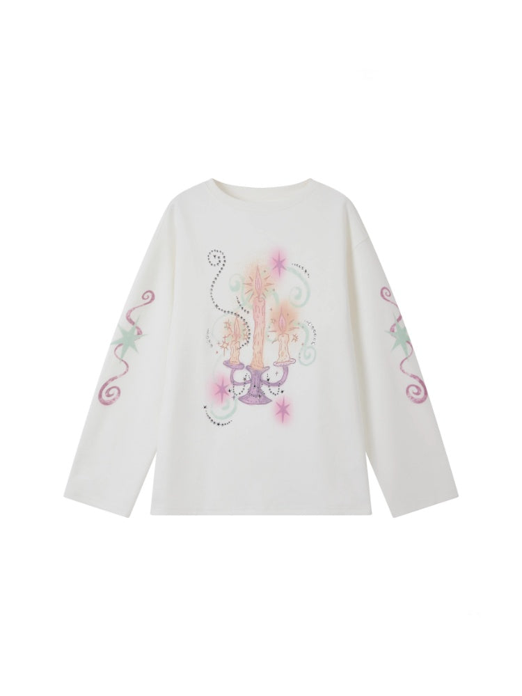 Candlestick Print Long-Sleeved Loose Slim T-Shirt Inner Top【s0000014717】