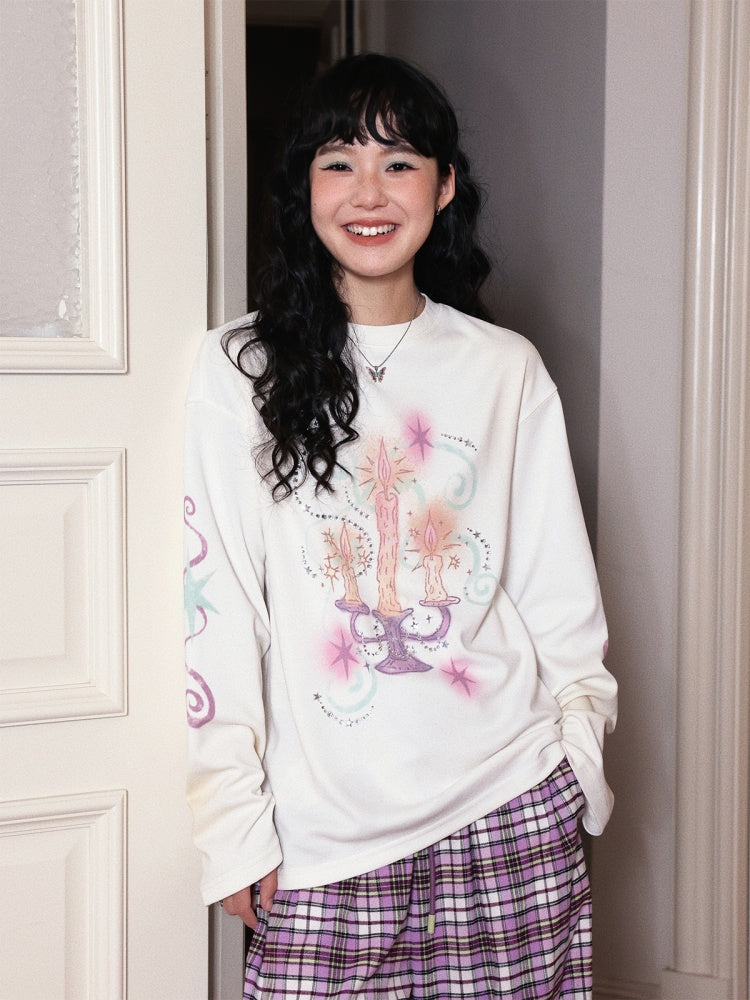 Candlestick Print Long-Sleeved Loose Slim T-Shirt Inner Top【s0000014717】