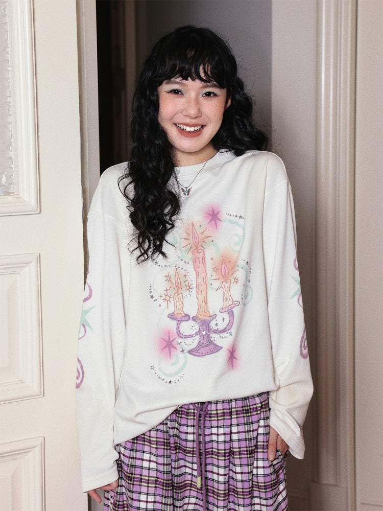 Candlestick Print Long-Sleeved Loose Slim T-Shirt Inner Top【s0000014717】