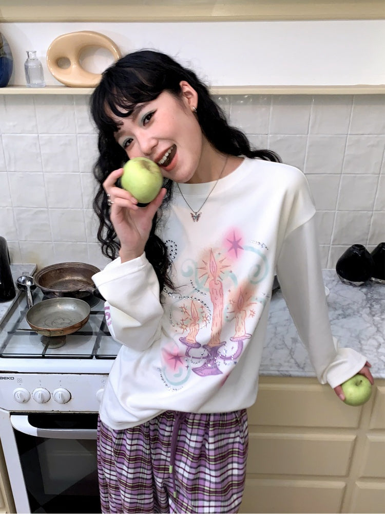 Candlestick Print Long-Sleeved Loose Slim T-Shirt Inner Top【s0000014717】