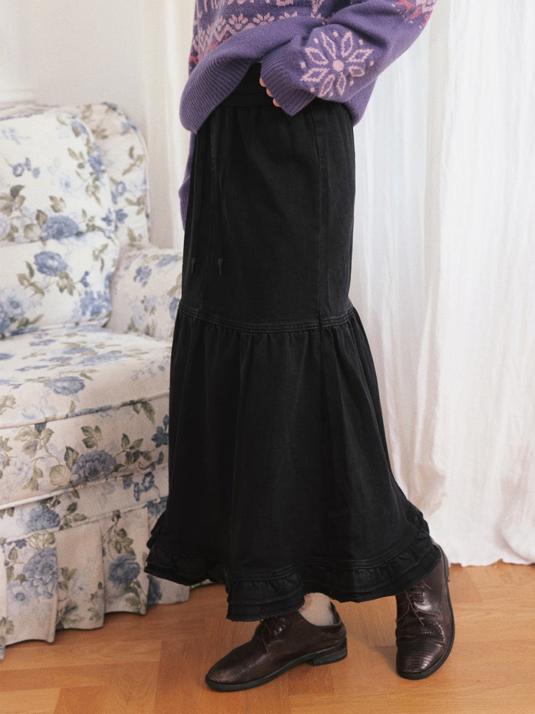 "Song Of The Night" Retro Denim Skirt Lace Design Looks Gentle Thin Covers The Crotch【s0000014721】