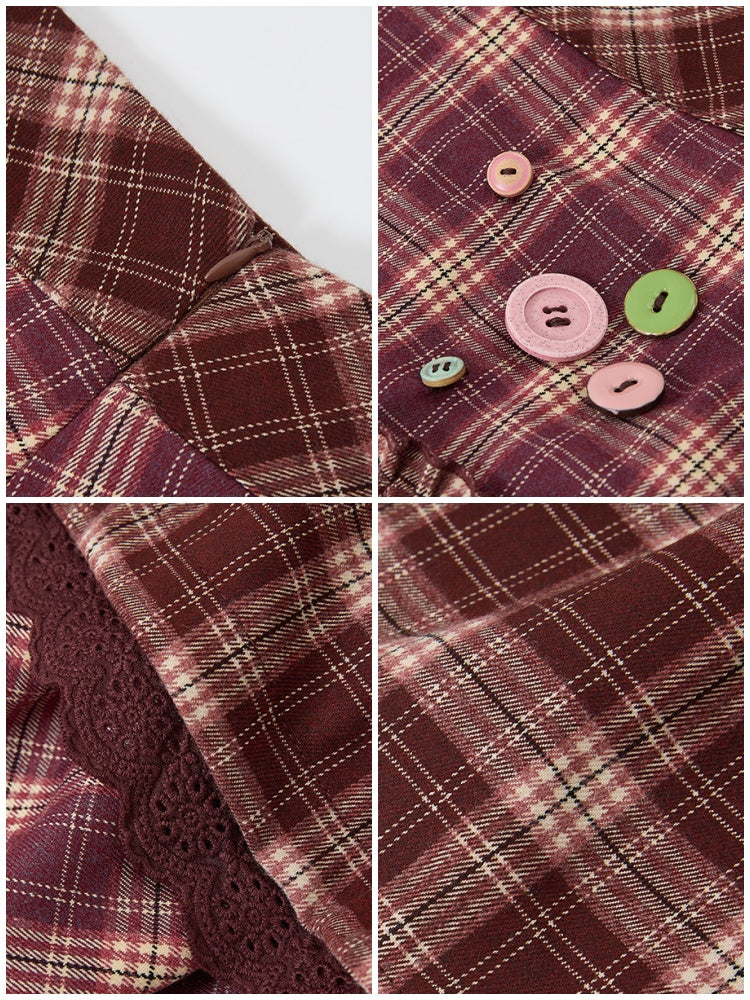 "Caramel Hazelnut" Long Lace Patchwork Plaid Cake Skirt【s0000014724】