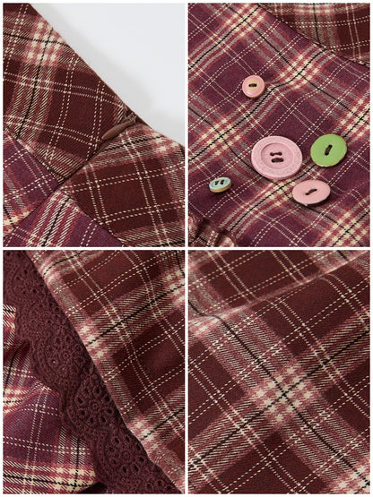 "Caramel Hazelnut" Long Lace Patchwork Plaid Cake Skirt【s0000014724】