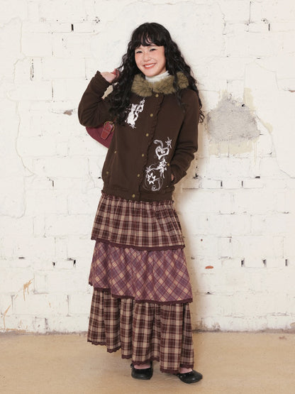 "Caramel Hazelnut" Long Lace Patchwork Plaid Cake Skirt【s0000014724】