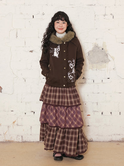 "Caramel Hazelnut" Long Lace Patchwork Plaid Cake Skirt【s0000014724】