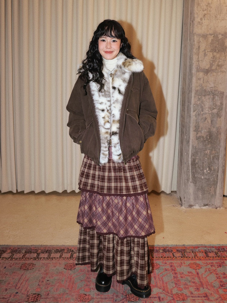 "Caramel Hazelnut" Long Lace Patchwork Plaid Cake Skirt【s0000014724】