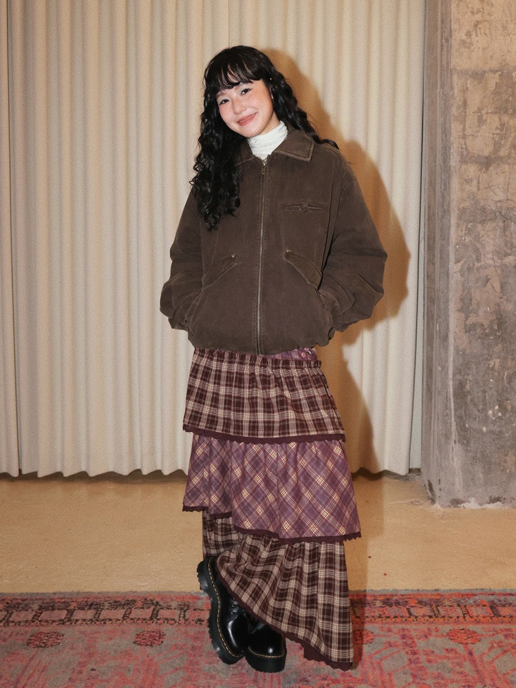 "Caramel Hazelnut" Long Lace Patchwork Plaid Cake Skirt【s0000014724】