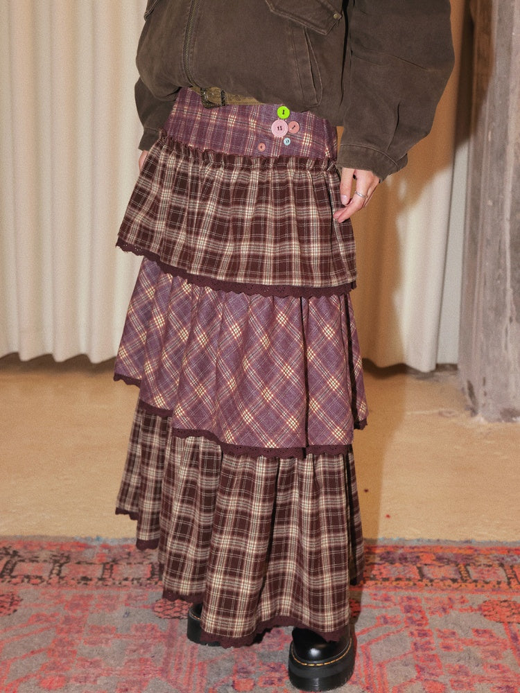"Caramel Hazelnut" Long Lace Patchwork Plaid Cake Skirt【s0000014724】