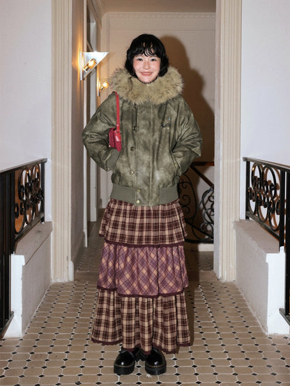 "Caramel Hazelnut" Long Lace Patchwork Plaid Cake Skirt【s0000014724】