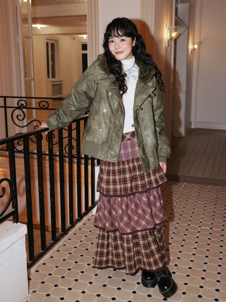 "Caramel Hazelnut" Long Lace Patchwork Plaid Cake Skirt【s0000014724】