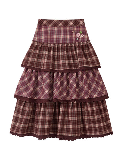 "Caramel Hazelnut" Long Lace Patchwork Plaid Cake Skirt【s0000014724】