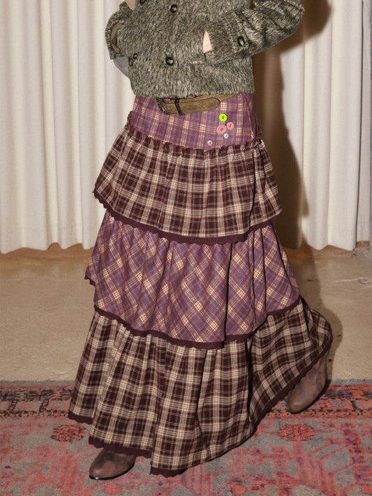 "Caramel Hazelnut" Long Lace Patchwork Plaid Cake Skirt【s0000014724】