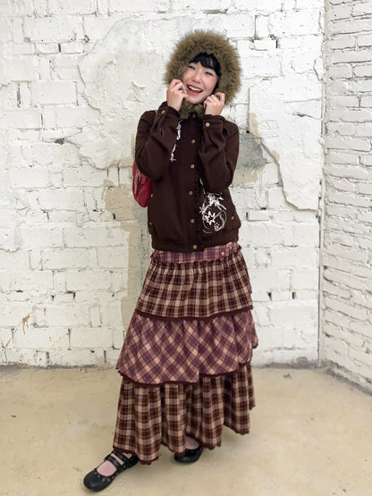 "Caramel Hazelnut" Long Lace Patchwork Plaid Cake Skirt【s0000014724】