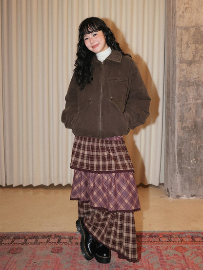"Caramel Hazelnut" Long Lace Patchwork Plaid Cake Skirt【s0000014724】