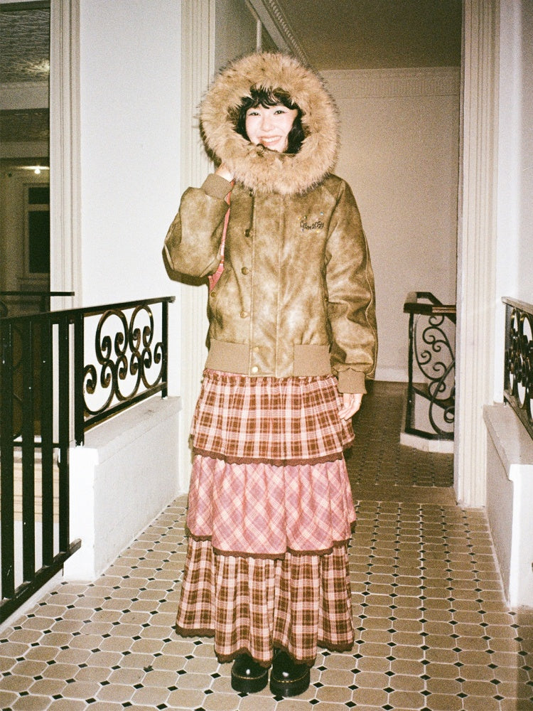 "Caramel Hazelnut" Long Lace Patchwork Plaid Cake Skirt【s0000014724】
