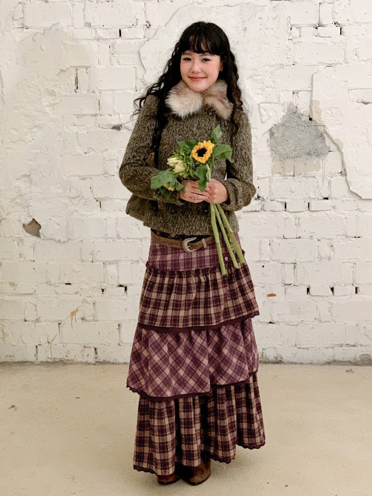 "Caramel Hazelnut" Long Lace Patchwork Plaid Cake Skirt【s0000014724】