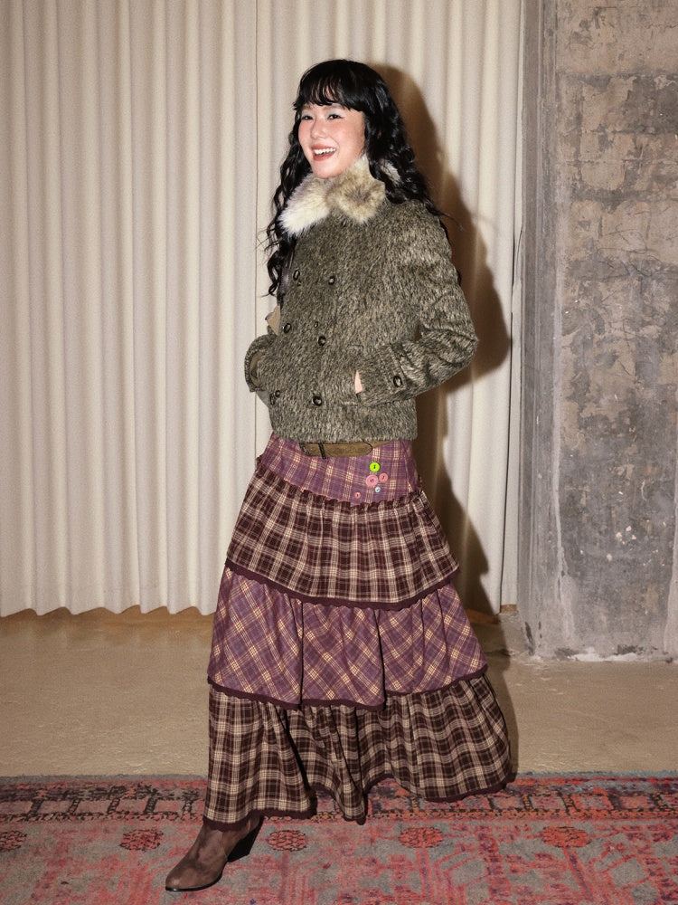 "Caramel Hazelnut" Long Lace Patchwork Plaid Cake Skirt【s0000014724】