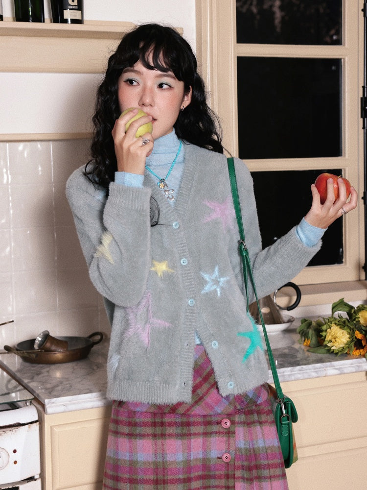 "Fragmented Stars" Imitation Mink Fur Sweater Cardigan Star Pattern Lazy Warm【s0000014729】